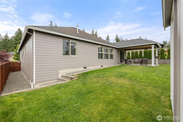 4837 Castleton Rd SW, Port Orchard, WA 98367 - rear view of property with outdoor lounge area, a fenced backyard, a patio, roof with shingles, and crawl space