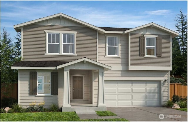 714 Holly Ave Unit 35, Buckley, WA 98321 - view of front of home featuring a garage, driveway, board and batten siding, and roof with shingles