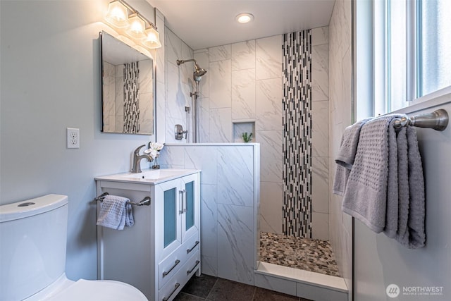 6301 Agnes Rd NE, Tacoma, WA 98422 - bathroom featuring walk in shower, vanity, and recessed lighting