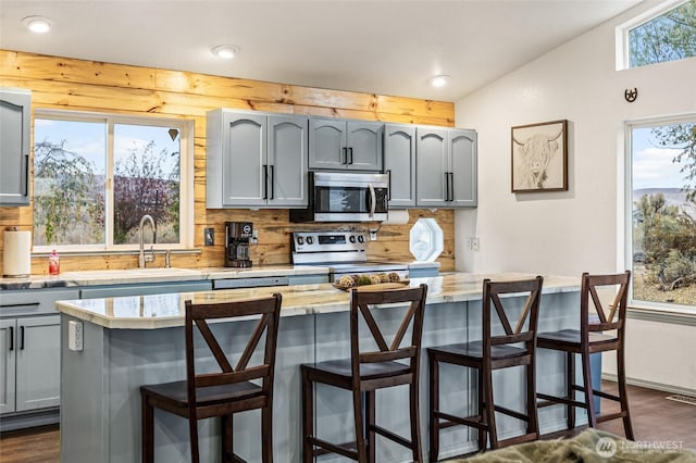 550 Red Tail Rd, Yakima, WA 98908 - kitchen featuring appliances with stainless steel finishes, gray cabinetry, dark wood-type flooring, light countertops, and recessed lighting