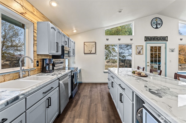 550 Red Tail Rd, Yakima, WA 98908 - kitchen with lofted ceiling, stainless steel appliances, dark wood-style flooring, light stone counters, and recessed lighting