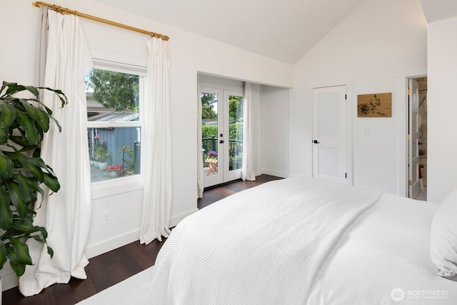 3249 27th Ave W, Seattle, WA 98199 - bedroom featuring access to exterior, dark wood-style flooring, lofted ceiling, and french doors