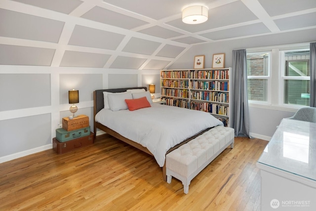 3249 27th Ave W, Seattle, WA 98199 - bedroom with light wood-type flooring, coffered ceiling, and lofted ceiling
