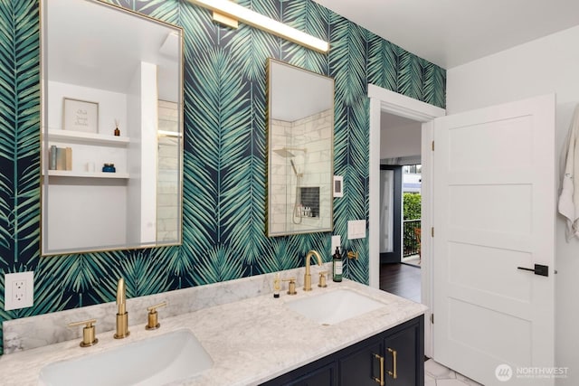 3249 27th Ave W, Seattle, WA 98199 - bathroom featuring wallpapered walls and double vanity