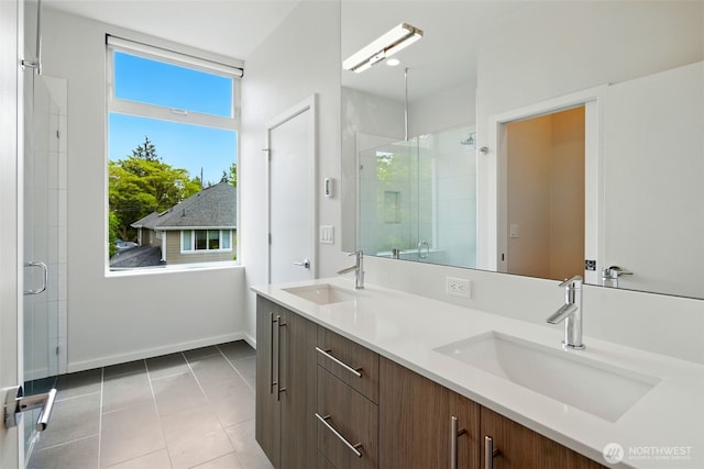 9732 Woodlawn Ave N Unit A, Seattle, WA 98103 - full bath with a shower stall, double vanity, and tile patterned floors