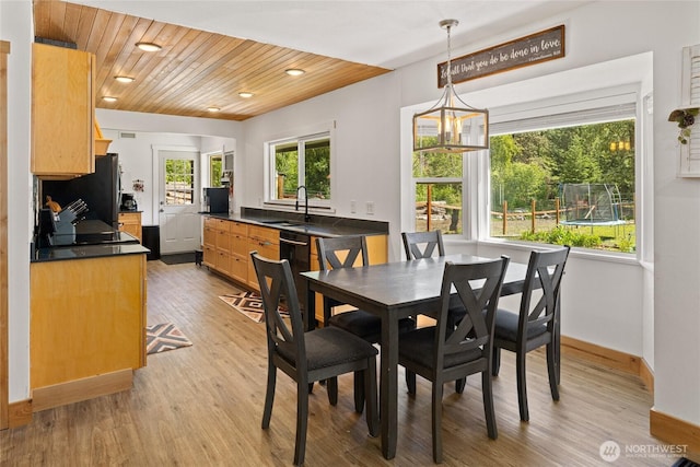 330 Swauk Creek Ln, Cle Elum, WA 98922 - dining space with light wood finished floors, recessed lighting, wood ceiling, and a chandelier