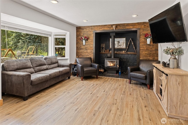 330 Swauk Creek Ln, Cle Elum, WA 98922 - living area with light wood-style flooring, a wood stove, and recessed lighting