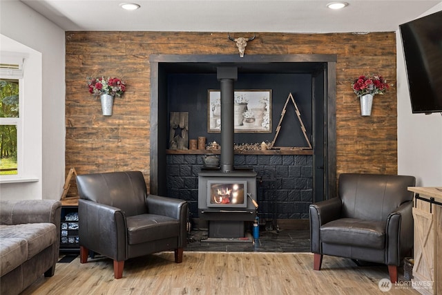 330 Swauk Creek Ln, Cle Elum, WA 98922 - sitting room featuring a wood stove, wood finished floors, and recessed lighting