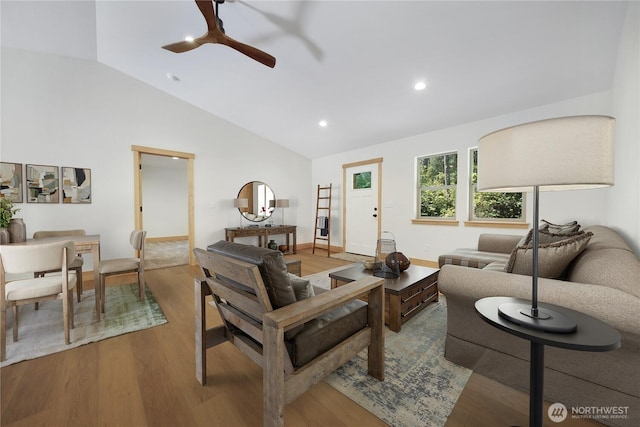 10405 Tahoma Dr, Anderson Island, WA 98303 - living room featuring wood finished floors, ceiling fan, lofted ceiling, and recessed lighting