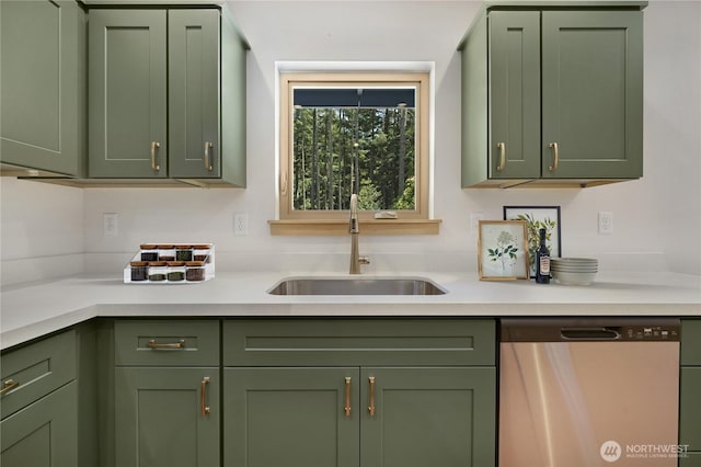 10405 Tahoma Dr, Anderson Island, WA 98303 - kitchen with green cabinetry, dishwasher, and light countertops