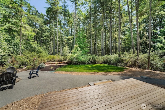 10405 Tahoma Dr, Anderson Island, WA 98303 - wooden deck with a patio, a yard, and a view of trees