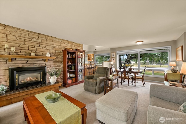 2714 Alderwood Ave, Bellingham, WA 98225 - carpeted living area featuring a stone fireplace