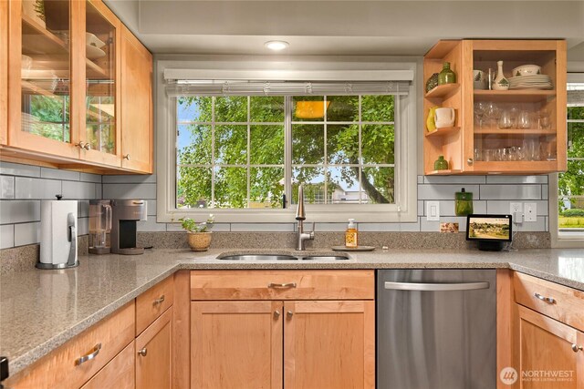 2714 Alderwood Ave, Bellingham, WA 98225 - kitchen with stainless steel dishwasher, glass insert cabinets, and plenty of natural light