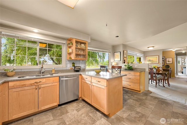2714 Alderwood Ave, Bellingham, WA 98225 - kitchen with stainless steel dishwasher, a peninsula, light brown cabinets, and stone finish floors