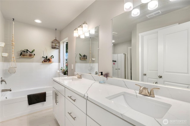 8438 Tacoma Ave S, Tacoma, WA 98444 - full bathroom with an enclosed shower, a tub to relax in, double vanity, marble finish flooring, and recessed lighting