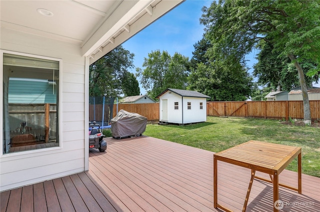 8438 Tacoma Ave S, Tacoma, WA 98444 - wooden terrace with a fenced backyard, a shed, a grill, and a trampoline