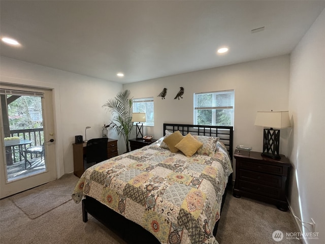 41504 Mountain View Pl E, Gold Bar, WA 98251 - bedroom with carpet floors, access to exterior, and recessed lighting