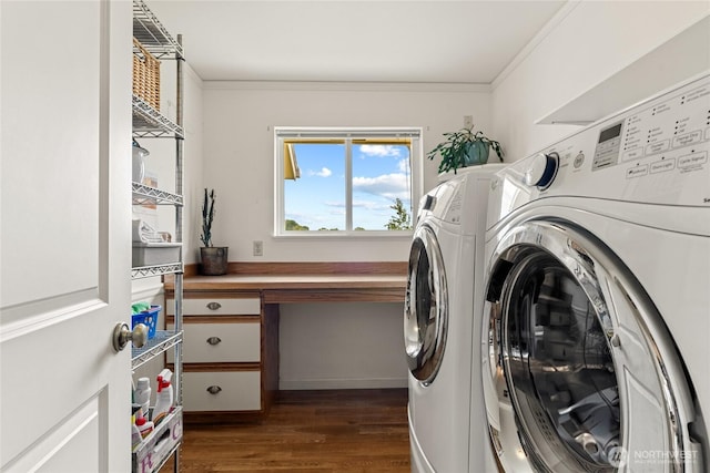 19627 Rd A NE, Soap Lake, WA 98851 - laundry room with separate washer and dryer, dark wood finished floors, and ornamental molding