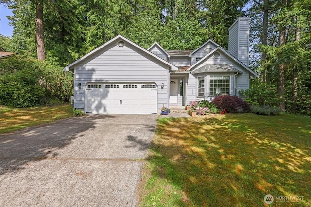 13319 15th Avenue Ct E, Tacoma, WA 98445 - traditional-style home featuring asphalt driveway, an attached garage, a front lawn, and a chimney
