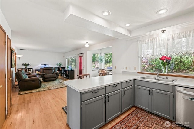 13319 15th Avenue Ct E, Tacoma, WA 98445 - kitchen featuring dishwasher, gray cabinets, a peninsula, light countertops, and light wood-style floors