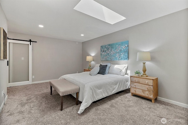 22526 251st Ave SE, Maple Valley, WA 98038 - bedroom with a skylight, carpet floors, a barn door, and recessed lighting