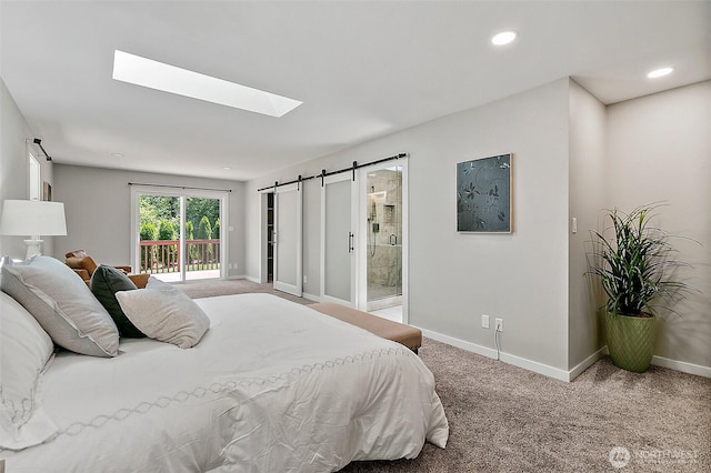 22526 251st Ave SE, Maple Valley, WA 98038 - bedroom with carpet floors, access to exterior, a skylight, a barn door, and connected bathroom