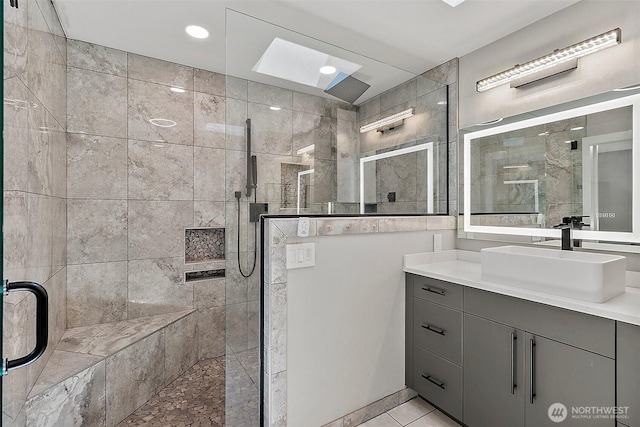 22526 251st Ave SE, Maple Valley, WA 98038 - bathroom featuring walk in shower, vanity, tile patterned flooring, and recessed lighting