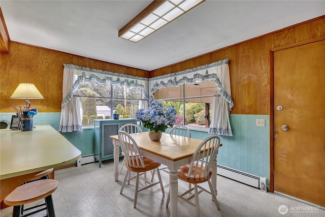 40515 228th Way SE, Enumclaw, WA 98022 - dining space with tile patterned floors, healthy amount of natural light, baseboard heating, tile walls, and wood walls