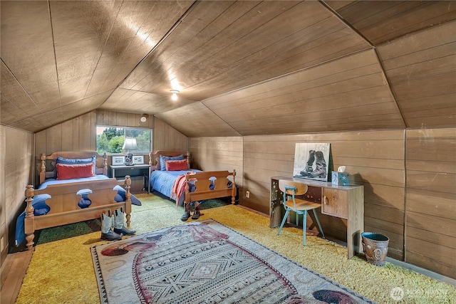 40515 228th Way SE, Enumclaw, WA 98022 - bedroom featuring lofted ceiling, wooden walls, wooden ceiling, and carpet