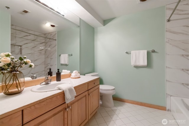10135 NE 64th St Unit A, Kirkland, WA 98033 - full bathroom featuring vanity, tile patterned flooring, and a combined bath / shower with marble appearance