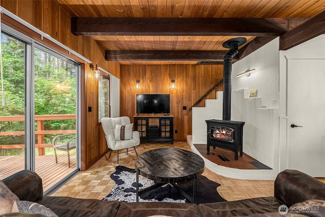 18690 Rieche Rd, Lake Wenatchee, WA 98826 - living area with a wood stove, wood walls, and a wood ceiling with exposed beams