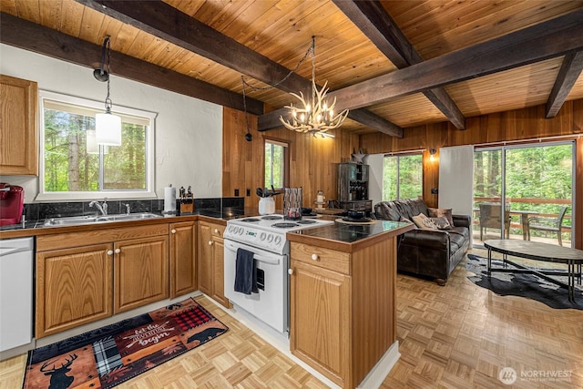 18690 Rieche Rd, Lake Wenatchee, WA 98826 - kitchen featuring white appliances, a peninsula, wooden walls, a wooden ceiling with exposed beams, and pendant lighting