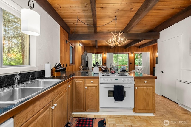 18690 Rieche Rd, Lake Wenatchee, WA 98826 - kitchen with electric range, a wood ceiling with exposed beams, a chandelier, brown cabinets, and a peninsula