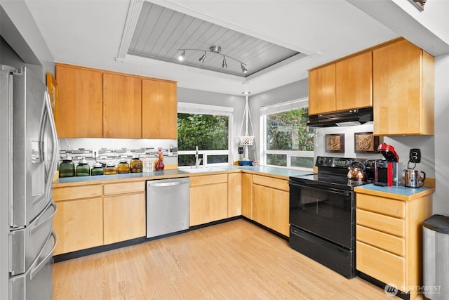 50 Hemlock Way, Sequim, WA 98382 - kitchen featuring stainless steel appliances, under cabinet range hood, a tray ceiling, light wood finished floors, and light brown cabinets