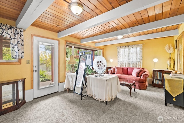 50 Hemlock Way, Sequim, WA 98382 - living room with a wood ceiling with exposed beams and carpet floors
