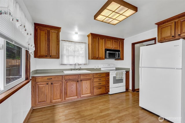 4723 50th Ave SW, Seattle, WA 98116 - kitchen featuring white appliances, light wood-style flooring, brown cabinets, and light countertops