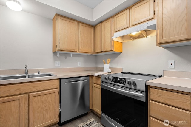 3615 Auburn Way S Unit B, Auburn, WA 98092 - kitchen featuring appliances with stainless steel finishes, under cabinet range hood, light countertops, and light brown cabinetry