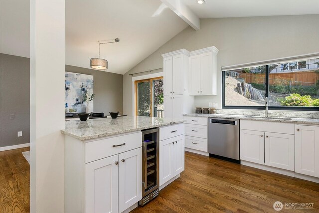 11520 3rd Ave NW, Seattle, WA 98177 - kitchen with dishwasher, beverage cooler, dark wood-style floors, and white cabinets