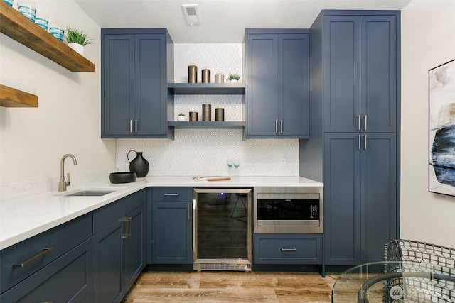 11520 3rd Ave NW, Seattle, WA 98177 - kitchen with wine cooler, open shelves, stainless steel microwave, and blue cabinets