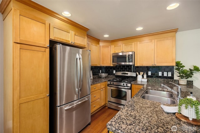 10290 NE Ruddy Duck Ln, Bainbridge Island, WA 98110 - kitchen with appliances with stainless steel finishes, decorative backsplash, dark wood finished floors, light brown cabinets, and recessed lighting