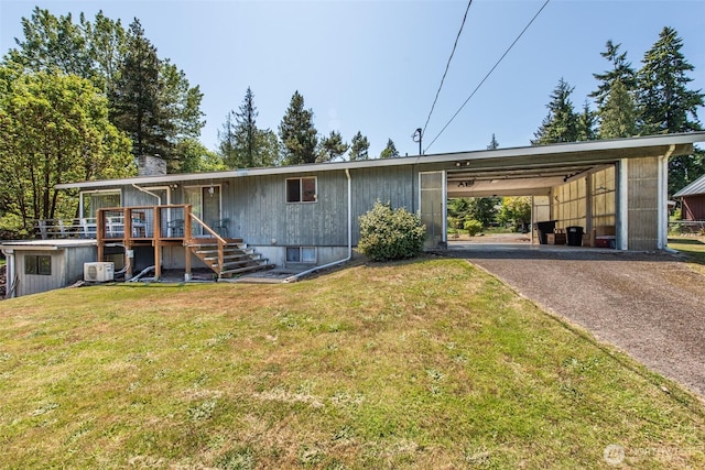 723 W 15th St, Port Angeles, WA 98363 - single story home featuring a wooden deck, a front lawn, stairway, asphalt driveway, and a chimney
