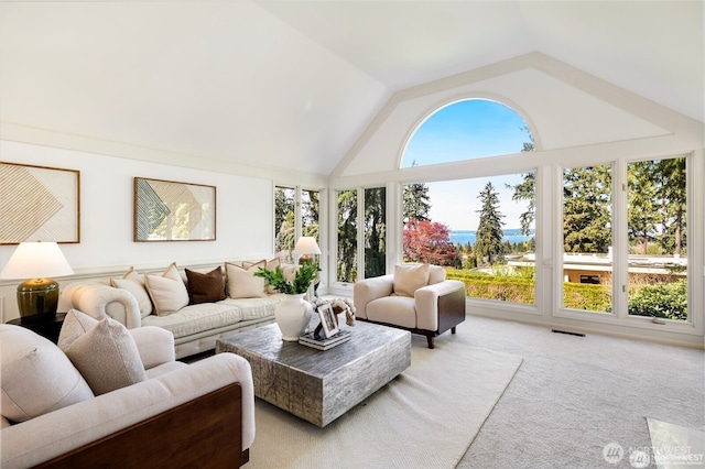 9416 NE 25th St, Clyde Hill, WA 98004 - living room featuring light colored carpet and high vaulted ceiling