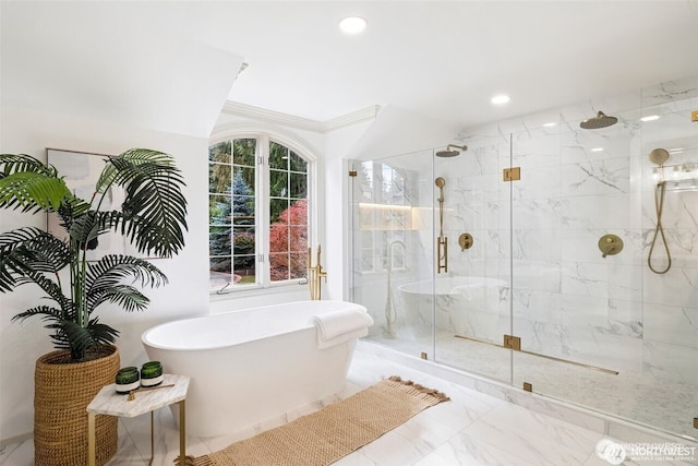 9416 NE 25th St, Clyde Hill, WA 98004 - bathroom featuring a soaking tub, a marble finish shower, marble finish flooring, and recessed lighting