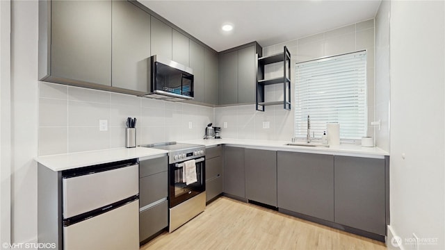 1300 E Remington Ct Unit A, Seattle, WA 98122 - kitchen with stainless steel appliances, gray cabinetry, tasteful backsplash, open shelves, and light countertops