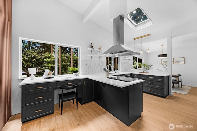 20201 45th Dr SE, Bothell, WA 98012 - kitchen with island exhaust hood, open shelves, high vaulted ceiling, a peninsula, and dark cabinets