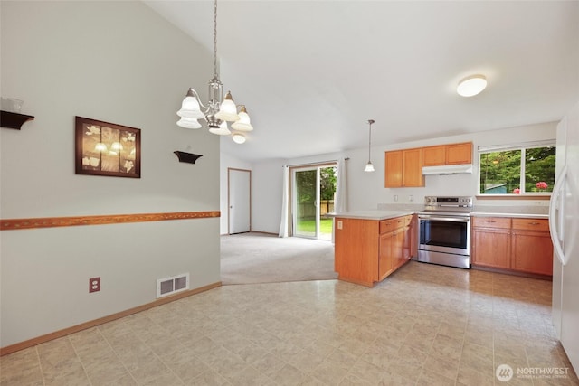 421 E Marion St, Aberdeen, WA 98520 - kitchen featuring stainless steel electric range, under cabinet range hood, a peninsula, light countertops, and vaulted ceiling