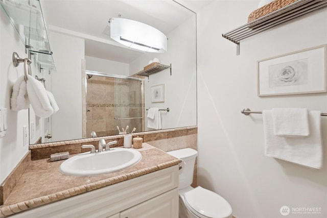 2551 Thorndyke Ave W Unit 203, Seattle, WA 98199 - bathroom with a shower stall, vanity, a wall mounted air conditioner, and tile walls