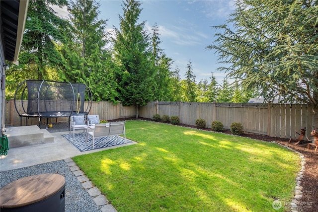 2211 56th St SE, Auburn, WA 98092 - fenced backyard featuring a trampoline and a patio area