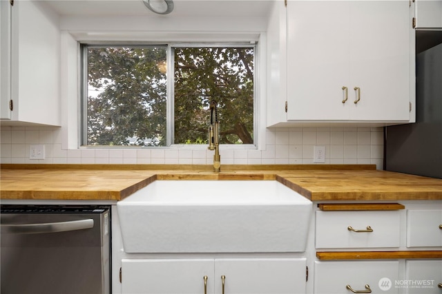 902 Washington St, Wenatchee, WA 98801 - kitchen featuring butcher block counters, dishwasher, white cabinetry, and tasteful backsplash