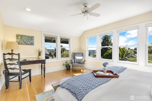 2707 4th Ave W, Seattle, WA 98119 - bedroom with multiple windows, light wood-style flooring, recessed lighting, vaulted ceiling, and a ceiling fan